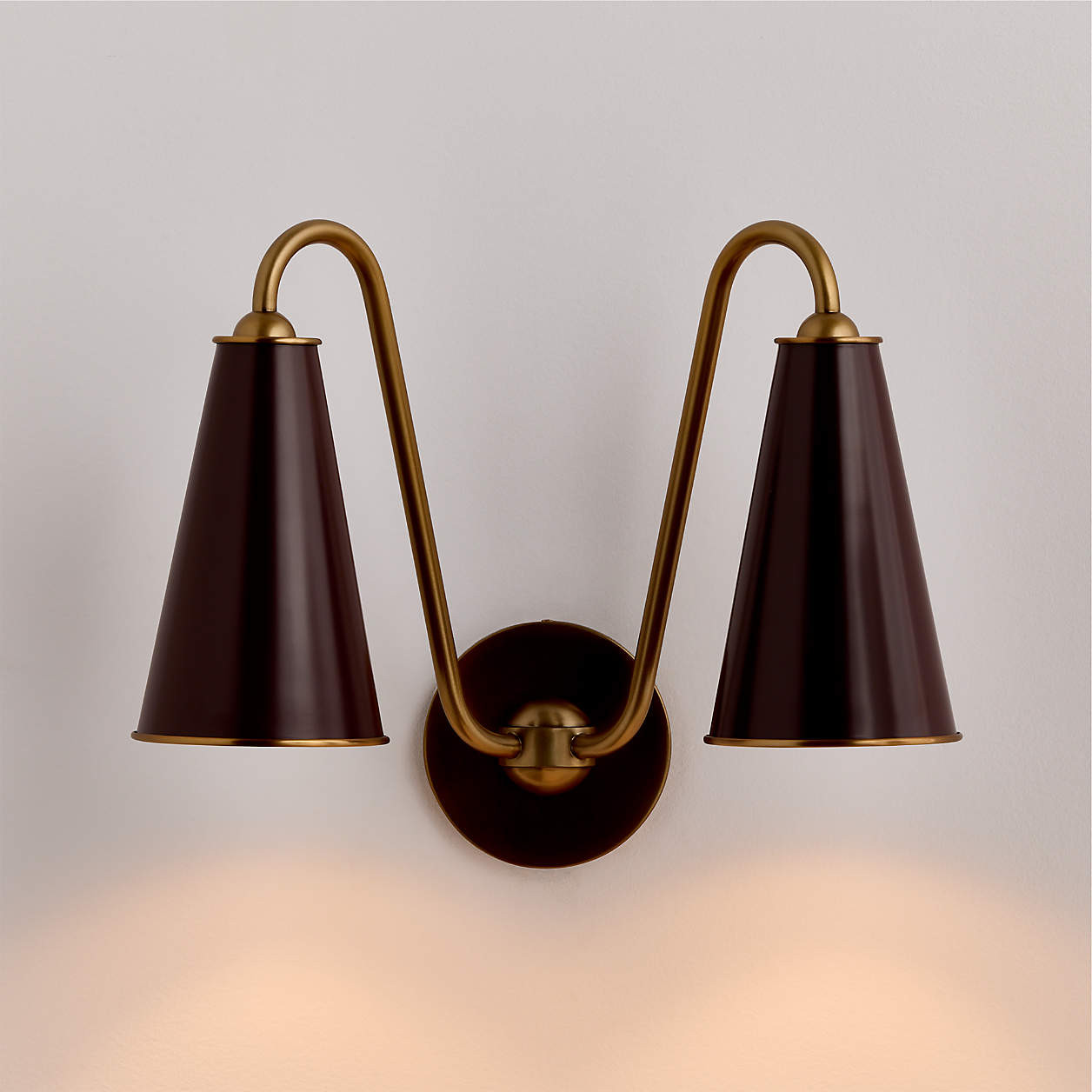 Everton Brass Double Wall Sconce Light with Aubergine Shades | Crate & Barrel | Crate & Barrel