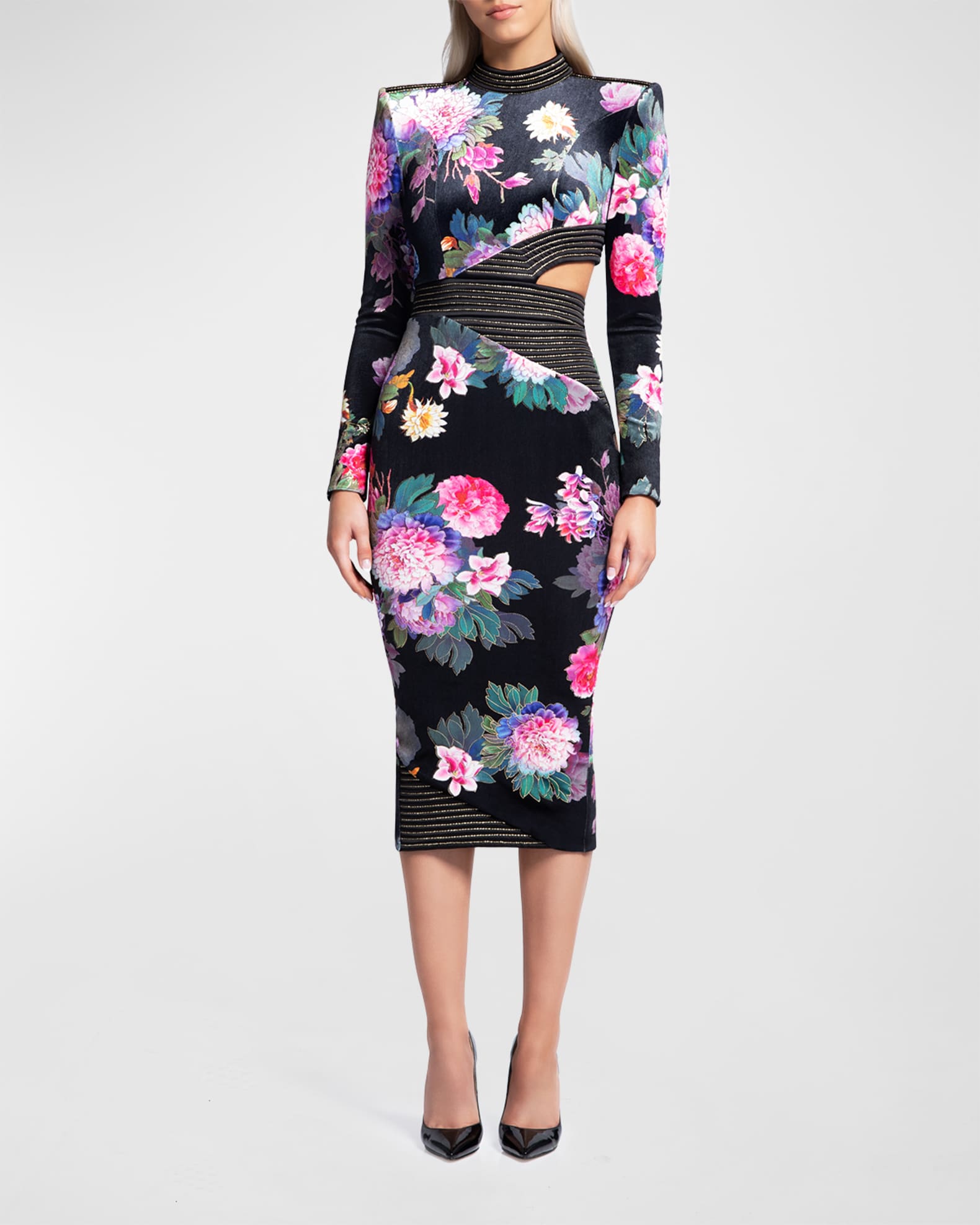 Message to Love Cutout Floral Velvet Midi Dress | Neiman Marcus