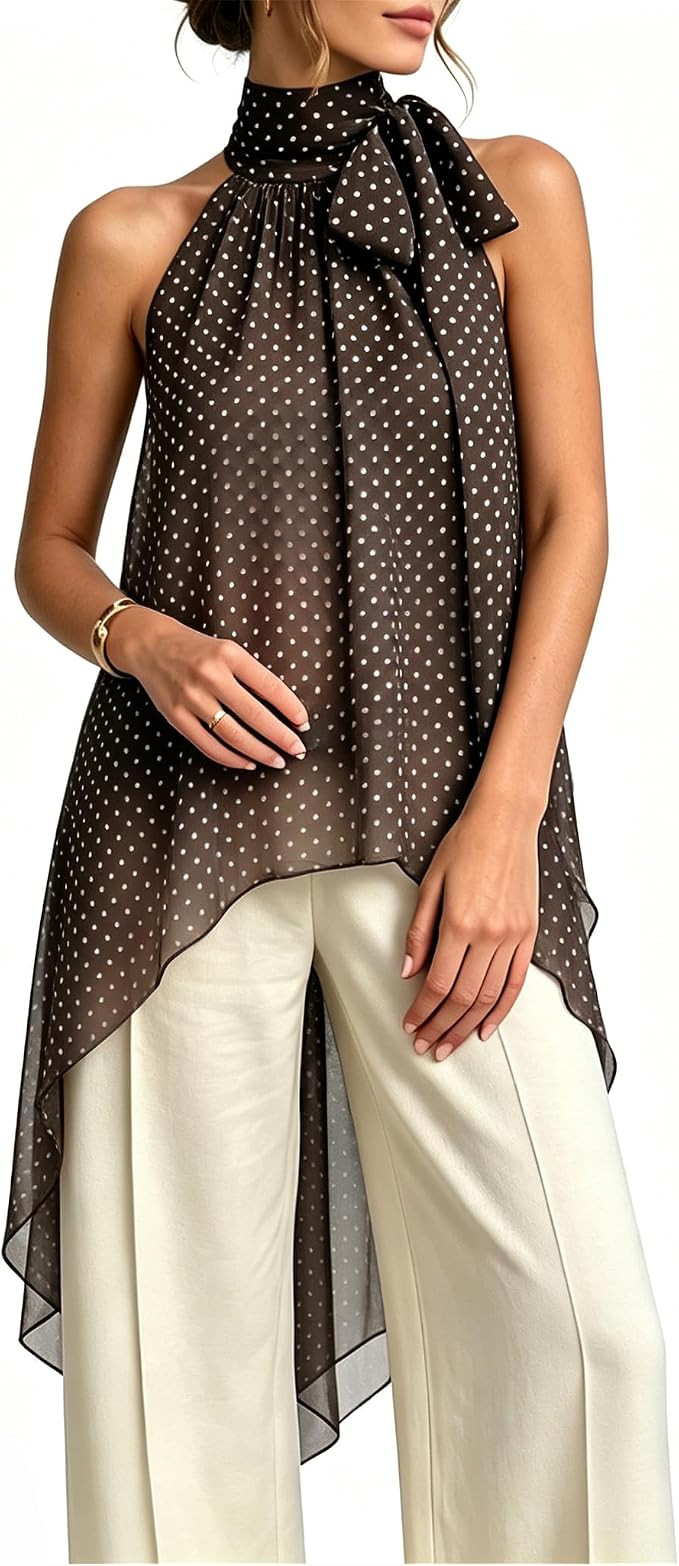 Dressy Halter Tank Tops for Women Sheer Chiffon High Low Tops Bow Tie Mock Neck Sleeveless Asymme... | Amazon (US)