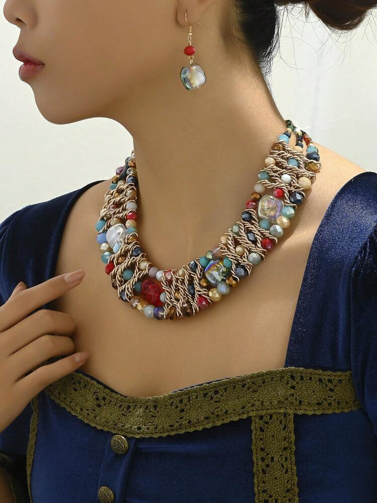 1pc Luxury Bohemian Style Necklace Set With Imitation Crystal Wave Beads & Coffee Color Aluminum Chain, Suitable For Women Wedding, Party, Beach, Holiday | SHEIN