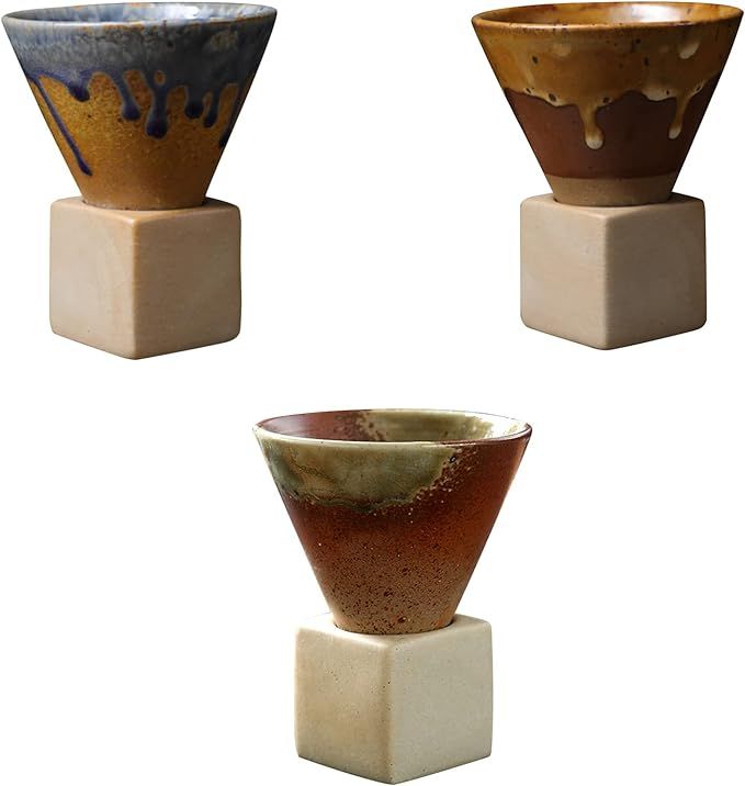 3 Pcs Coarse Pottery Tea Mug, 200 ML Ddewing Coarse Pottery Funnel Coffee Mug with Base, Triangul... | Amazon (US)