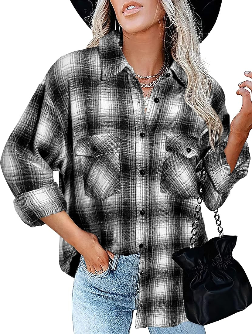 BTFBM Women Long Sleeve Shirts Button Down Plaid Loose Casual Flannel Fall Blouse Shirt Jacket Sh... | Amazon (US)
