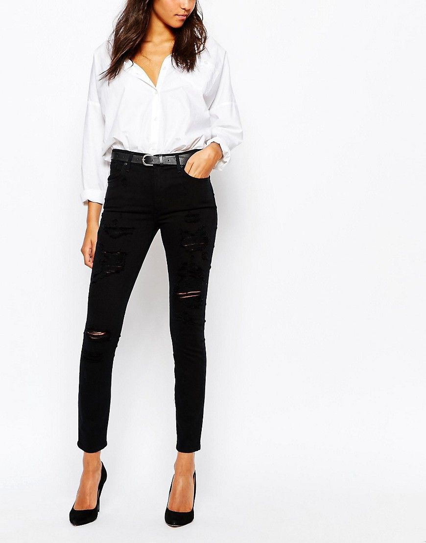 A-Gold-E Sophie High Waist Ankle Grazer Skinny Jean With Rips - Black | ASOS US