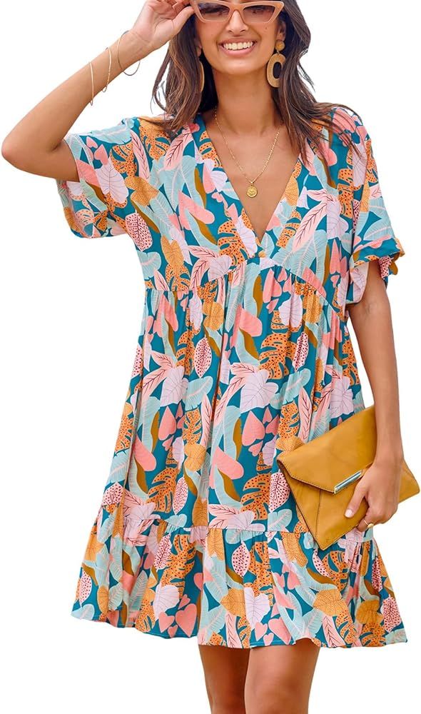 CUPSHE Women's Mini Dress V Neck Tropical Short Sleeve Loose Fit Ruffled Short Summer Beach Dress | Amazon (US)
