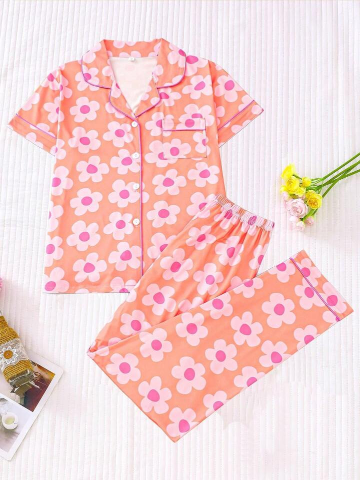 2pcs Women Floral Print Sleep Set, Comfortable Turndown Collar Short Sleeve Shirt And Elastic Wai... | SHEIN