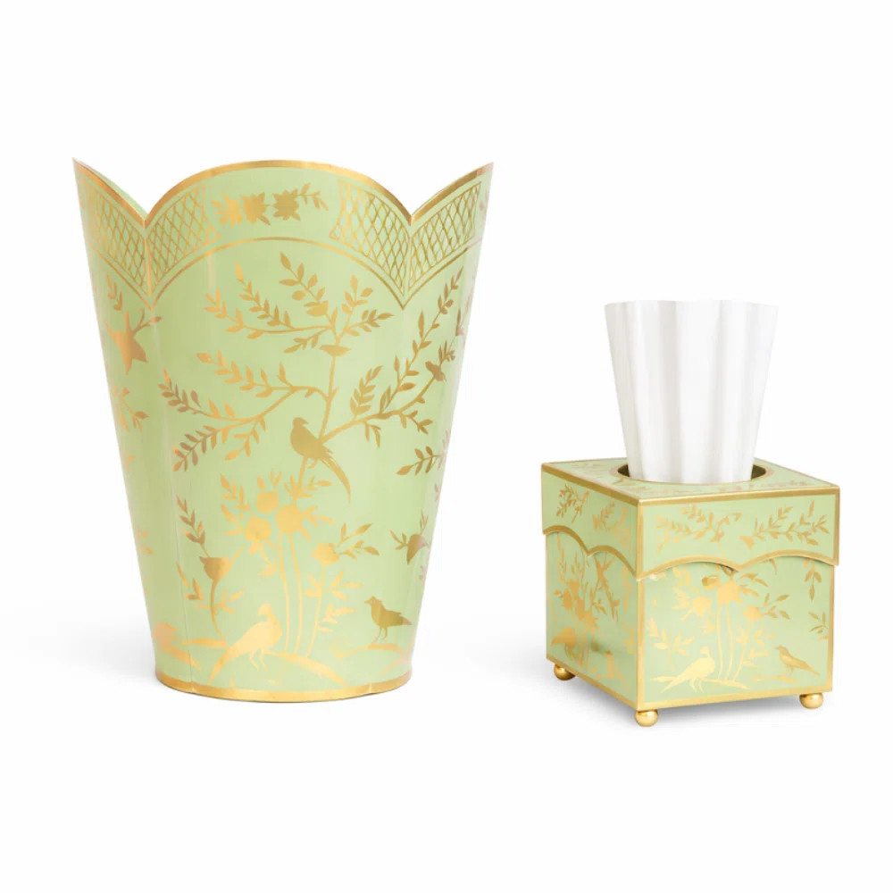 Miramontes Spring Green & Gold Chinoiserie Wastepaper Basket & Tissue Set (Set of 2) | Wayfair North America