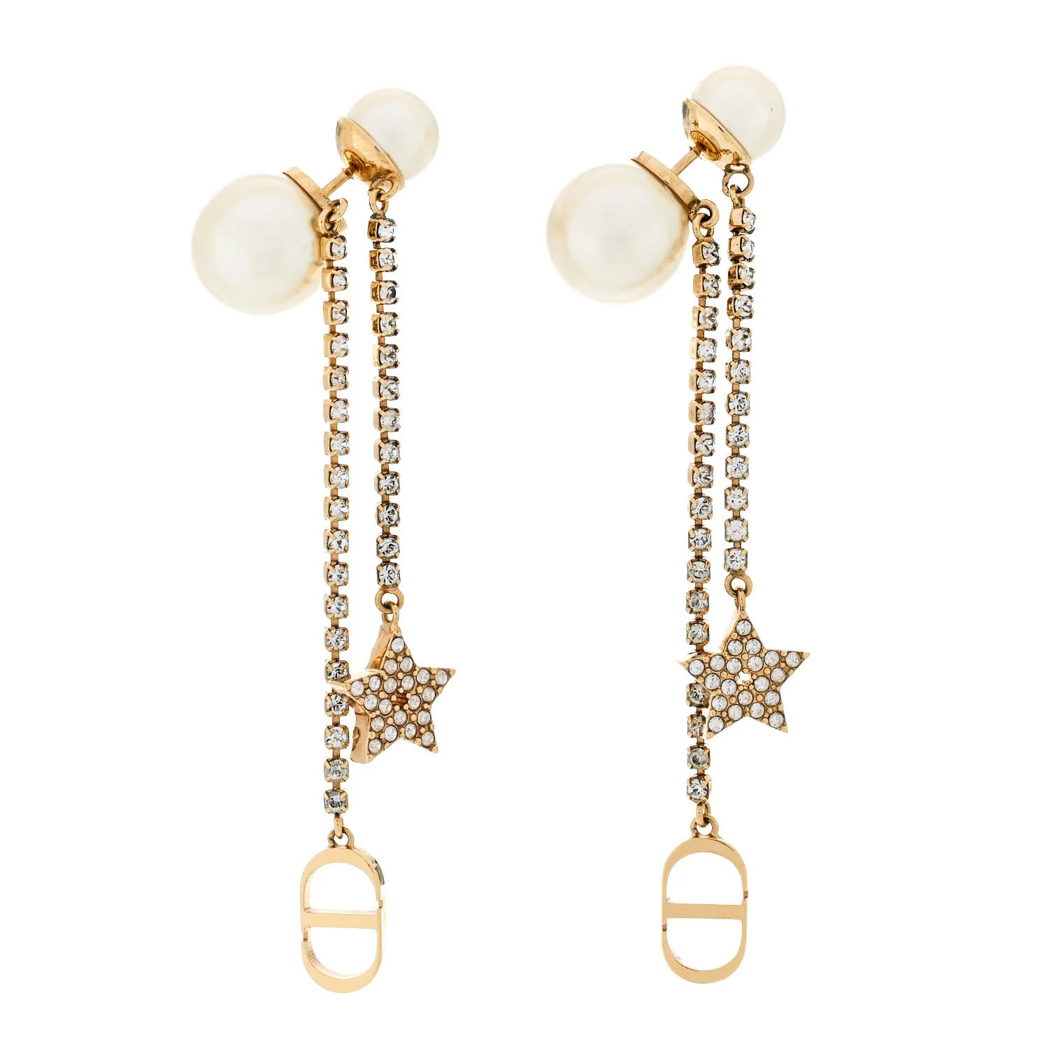 Pearl Crystal Star Tribale Dangle Chain Earrings Gold | FASHIONPHILE (US)