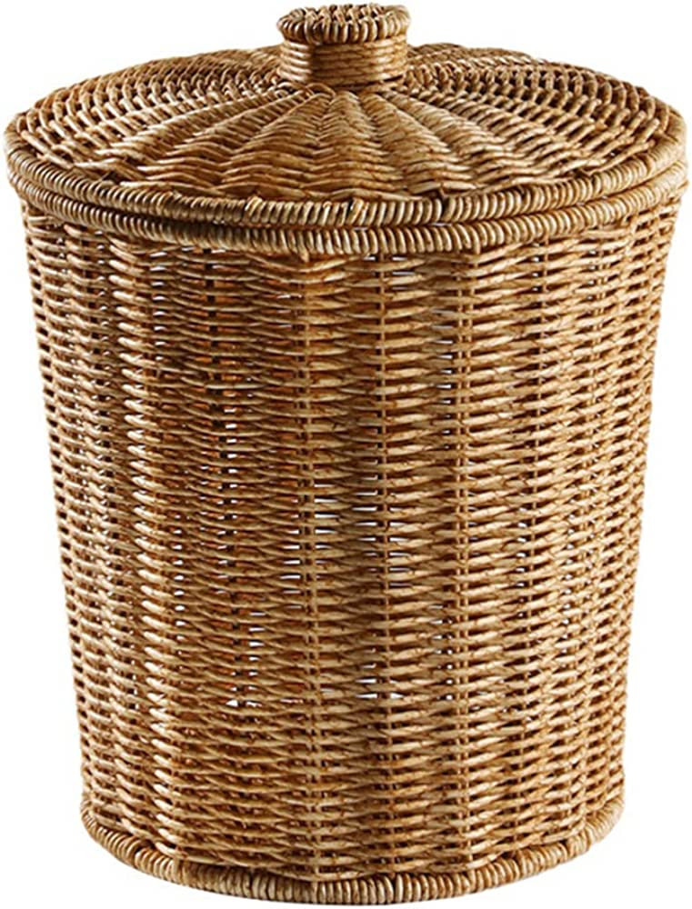 DOITOOL Round Imitation Rattan Waste Basket Bin - Plastic Handwoven Rattan Storage Baskets with L... | Amazon (US)
