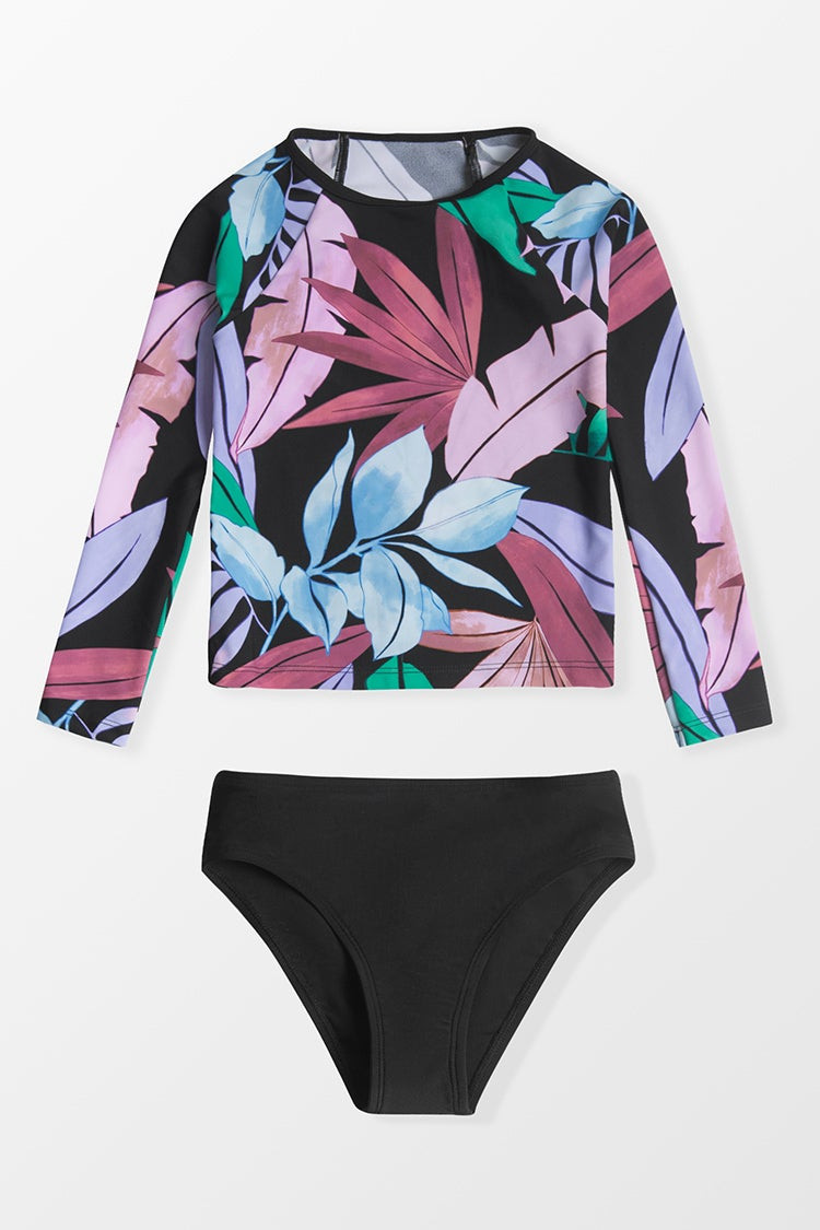 Girls' Tropicool Leaf Long Sleeve Swimsuit and Hipster Set | Cupshe