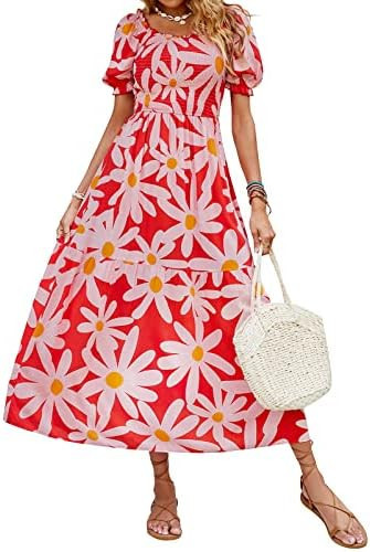 ZESICA Women's 2023 Summer Boho Floral Print Square Neck Ruffle Swing Beach Long Maxi Dress | Amazon (US)