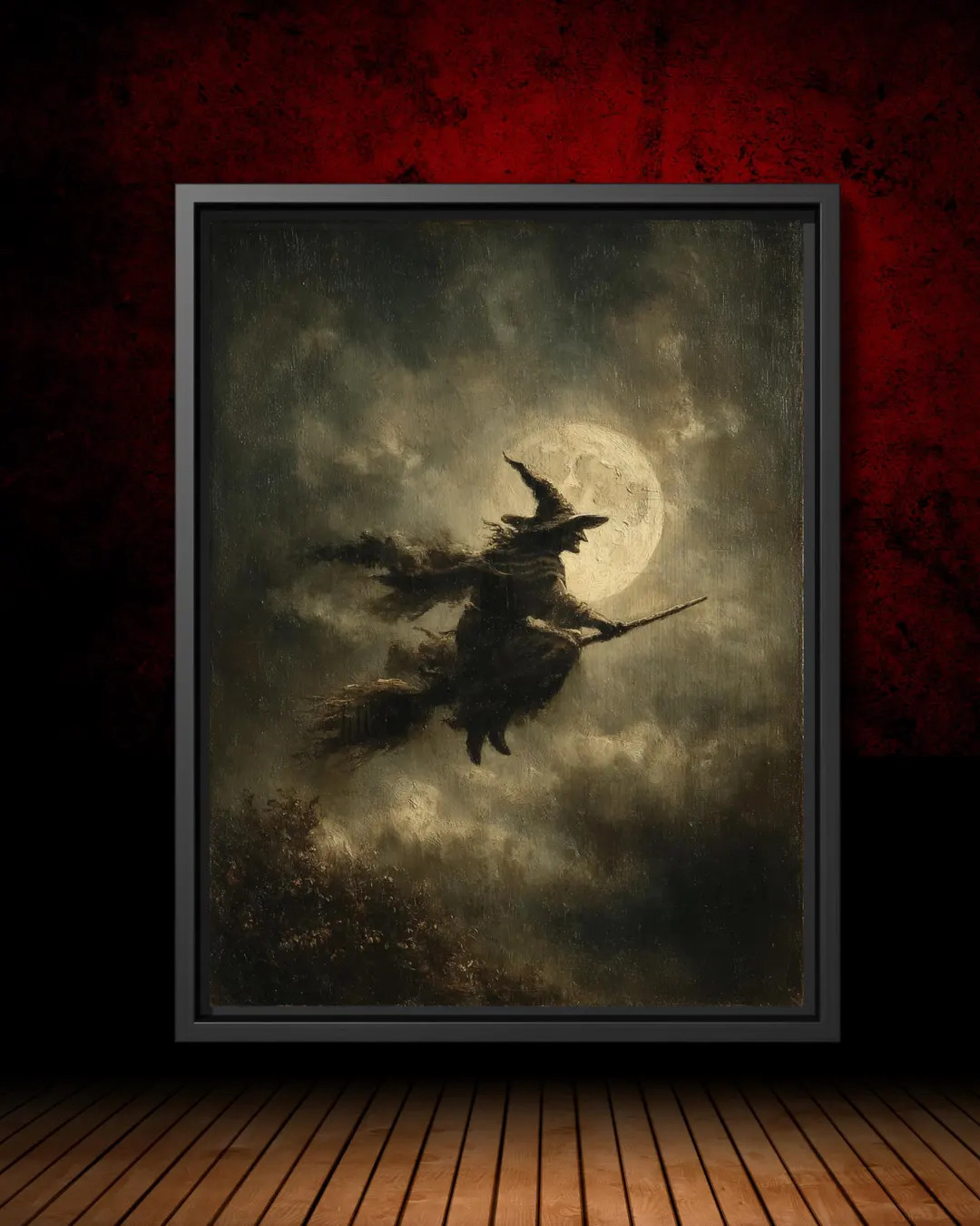 Witch on a Broomstick Print Silhouette against the Full Moon, Cloudy Night Vintage Witchy Wall Ar... | Etsy (US)