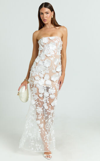 Sienna Maxi Dress - 3D Floral Strapless Column Dress in White | Showpo (US, UK & Europe)