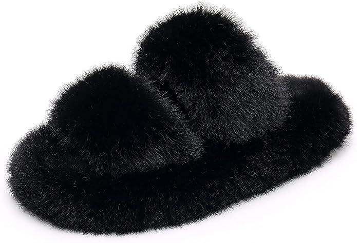 Real Fancy Women's Fluffy Faux Fur Slippers Comfy Open Toe Two Band Slides with Fleece Lining and... | Amazon (US)