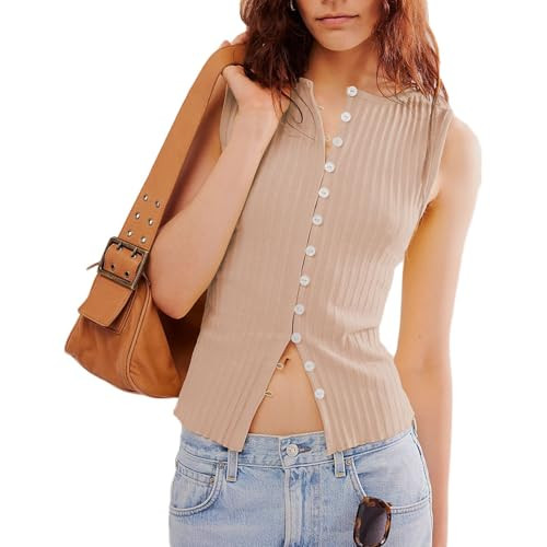 Meiyi station Tank Top for Women,Summer Sleeveless Slim Fitted Ribbed Knit Button Down Y2k Tank Tops Kahki | Amazon (US)