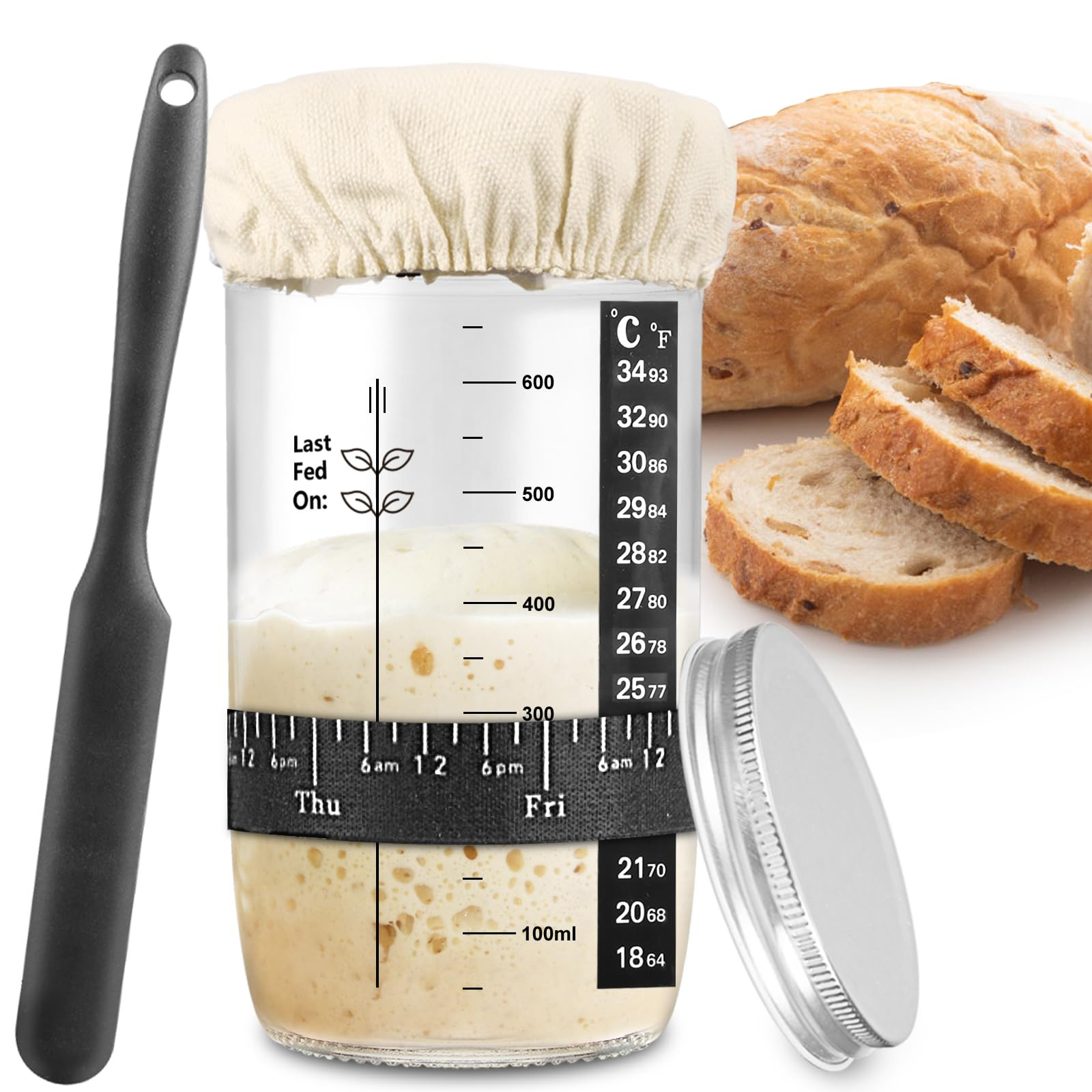 Sourdough Starter Jar, Sourdough Starter Kit with Date Marked Feeding Band, Thermometer, Cloth Co... | Amazon (US)
