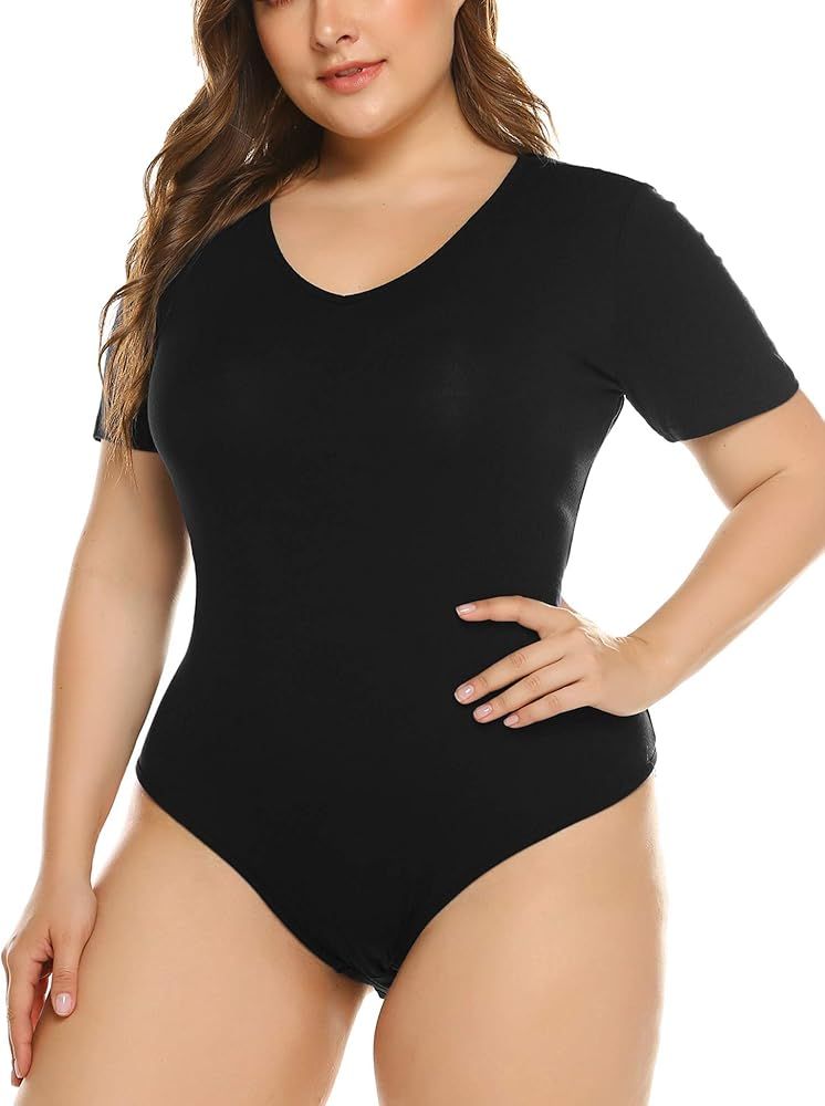 IN'VOLAND Women's Bodysuit Plus Size Short Sleeve Scoop Neck Bodysuit Basic Top T Shirt Leotards ... | Amazon (US)