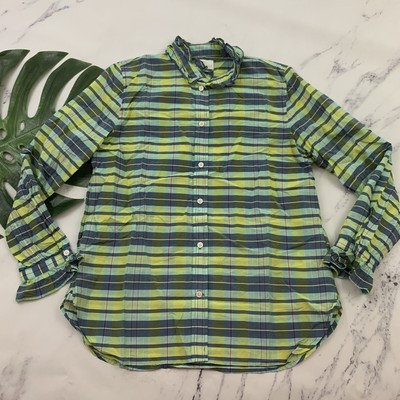 J.Crew Voile Ruffle Neck Top Size 8 Spring Green Blue Plaid Silk Cotton Blend | eBay US
