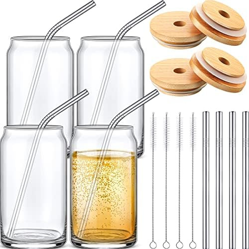 Amazon.com | 16 oz Drinking Glasses with Bamboo Lids Straw and Cleaning Brush Set 4 Can Shaped Gl... | Amazon (US)