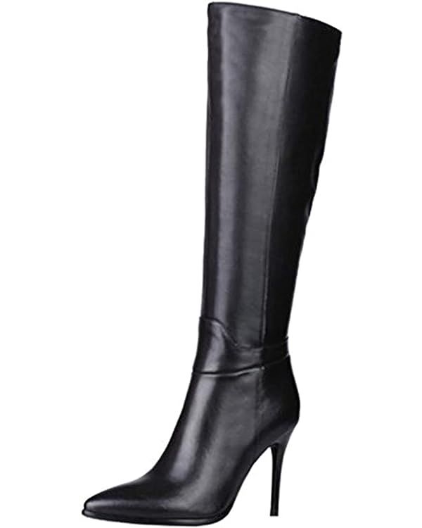 COLETER Women's Leather Knee High Boots Pointy Toe Side-Zip High Heels Dress Boots | Amazon (US)