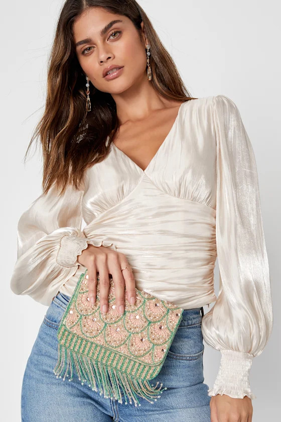 Living Glamorously Green Multi Beaded Pearl Fringe Clutch | Lulus (US)