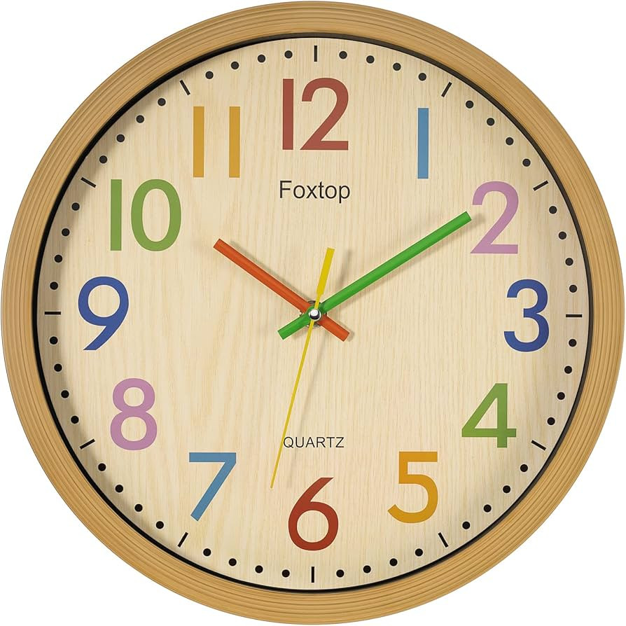Foxtop Silent Kids Wall Clock 12 Inch Non-Ticking Battery Operated Colorful Childrens Clock for C... | Amazon (US)