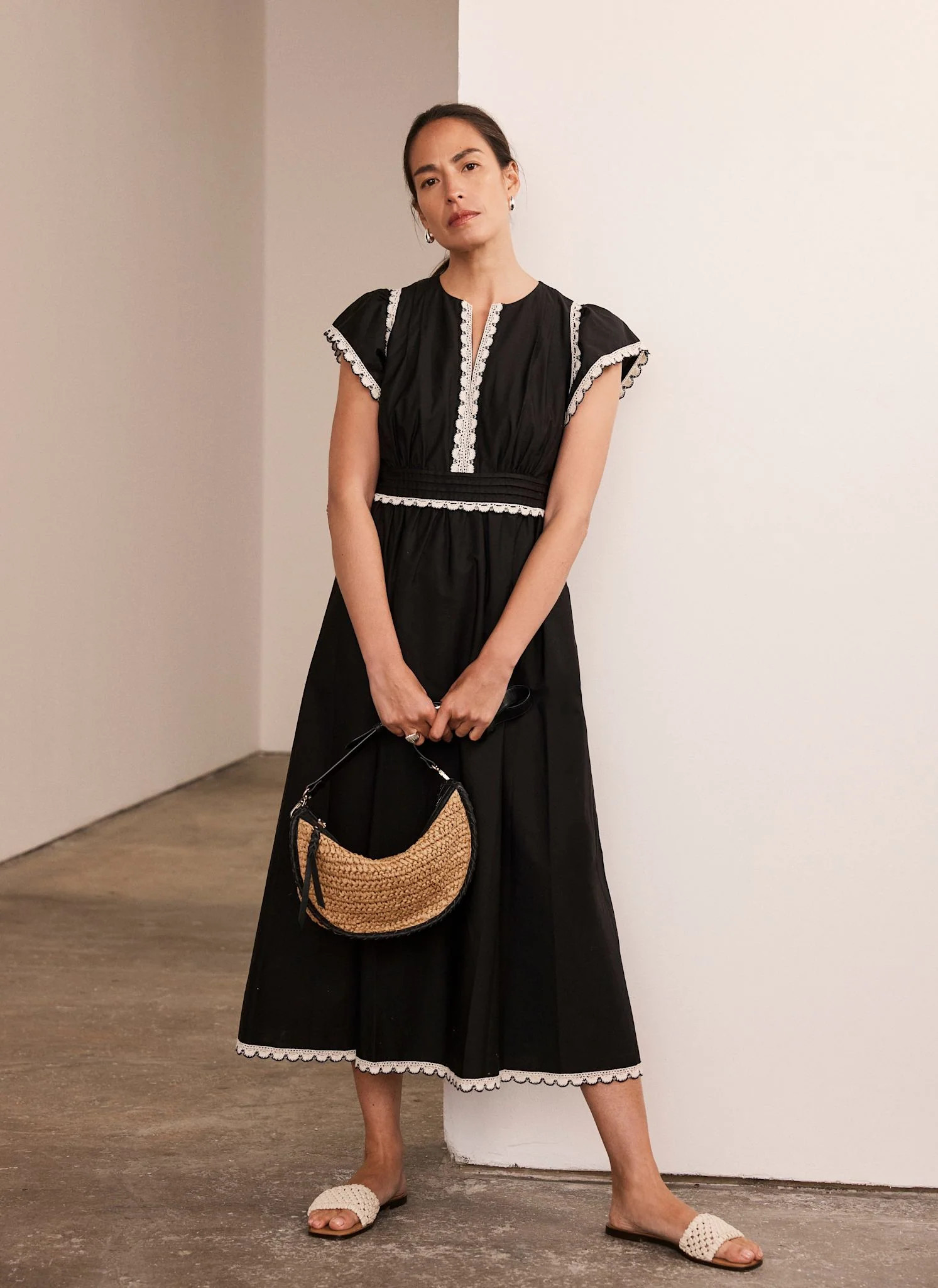 Black Cotton Scallop Trim Midi Dress | Mint Velvet