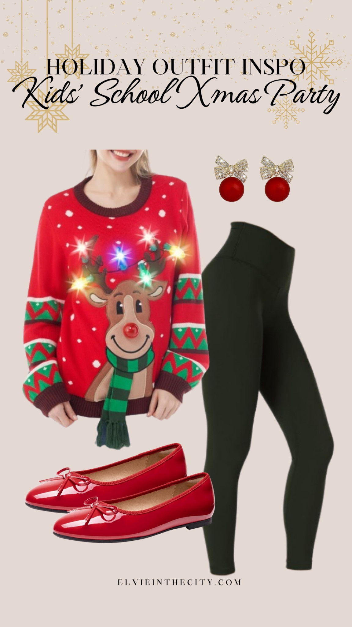 Here’s a holiday outfit inspo that’s perfect for your kids’ school Xmas party! Pair a lighted reindeer sweater with black leggings, red ballet flats, and red Christmas bulb earrings.

Christmas outfit idea, holiday party outfit, ootd, winter outfit, fashion over 40

#LTKFindsUnder50 #LTKHoliday #LTKStyleTip