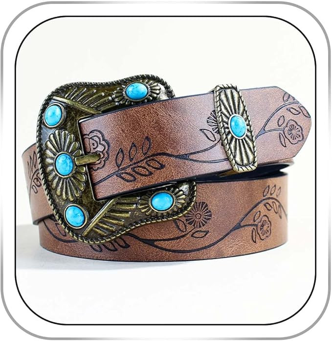 Western Belts for Women Turquoise Cowgirl Belt Embossed PU Leather Cowboy Belts for for Jeans Pan... | Amazon (US)