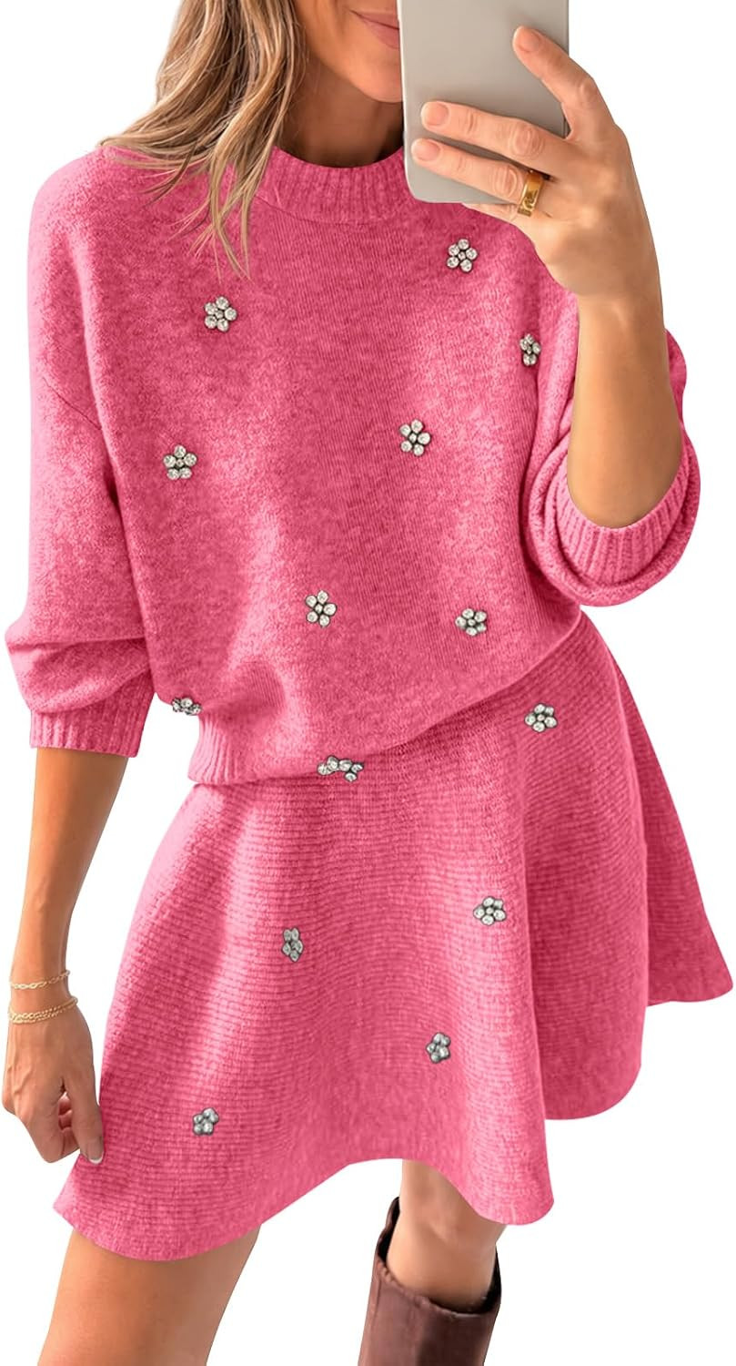 Saodimallsu Womens 2 Piece Sweater Skirt Set Fall Elegant Long Sleeve Crew Neck Top and Knit Mini Skirt with Rhinestones | Amazon (US)