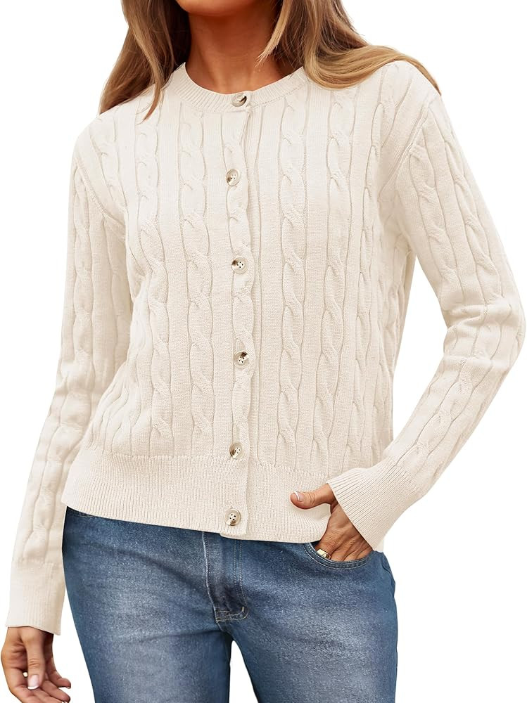 ZESICA Women's 2024 Fall Winter Cable Knit Cardigan Sweaters Long Sleeve Crew Neck Button Open Fr... | Amazon (US)