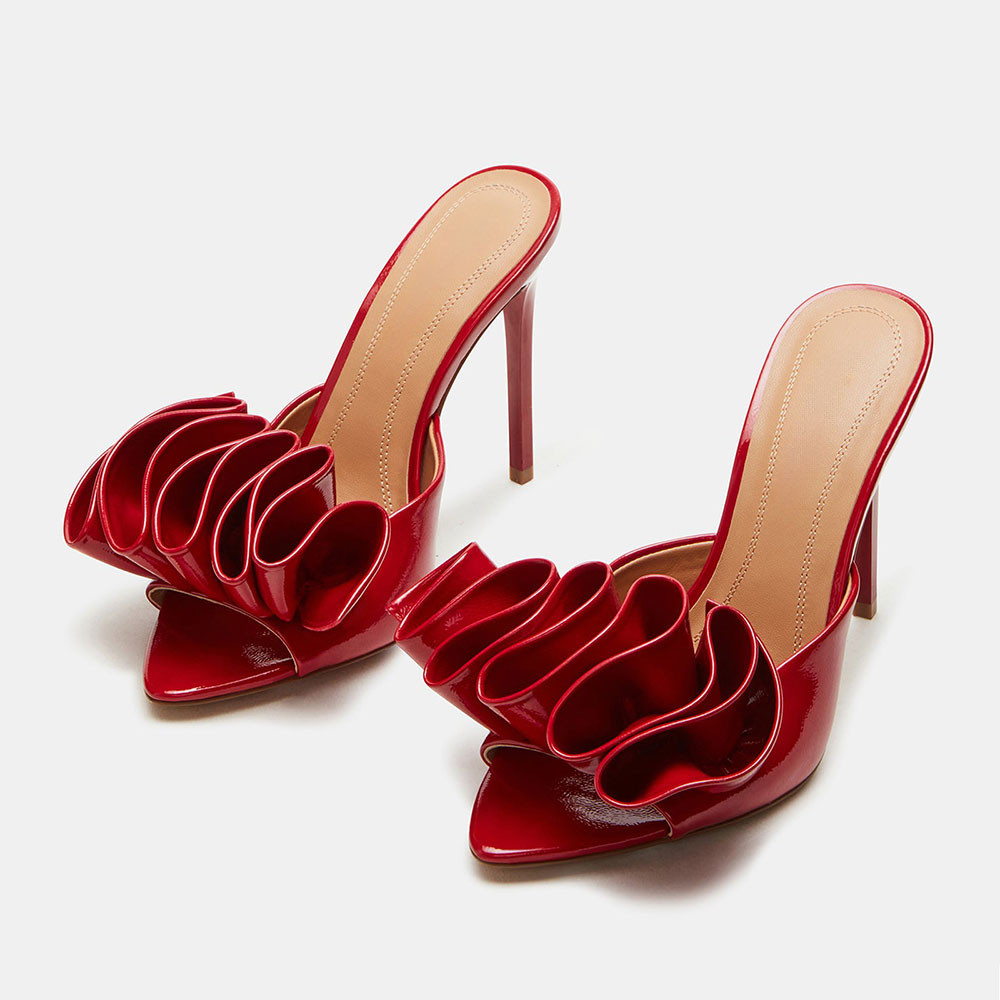 FSJ Red Ruffles Decor Open Toe Slides Shoes with Stiletto Heels | FSJshoes.com