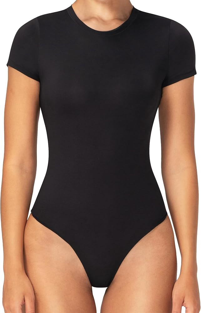 Sunzel Bodysuits for Women with Tummy Control- Crew Neck Short Sleeve Thong Body Suits Sexy Compr... | Amazon (US)