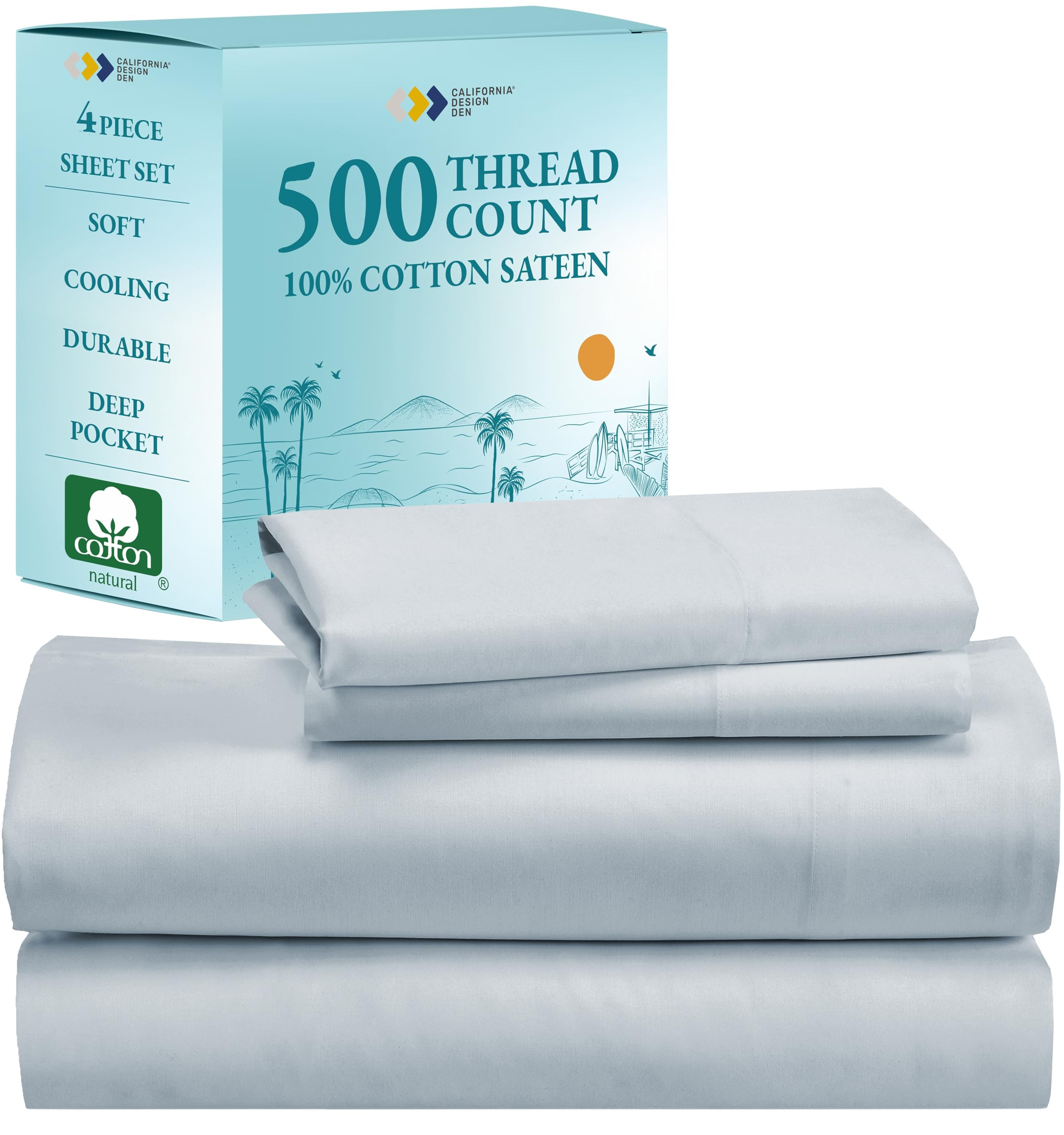 California Design Den - Finest King Size Sheets Set, Soft 100% Cotton Cooling Sheets Deep Pockets Set, Snug Fit Elastic, 500 Thread Count Sateen, Premium Quality Bedsheet Set (Light Blue) | Amazon (US)