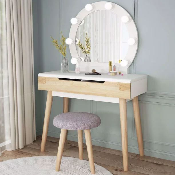 TribeSigns Vanity Set with Round Lighted Mirror, Wood Makeup Vanity Dressing Table Dresser Desk w... | Walmart (US)