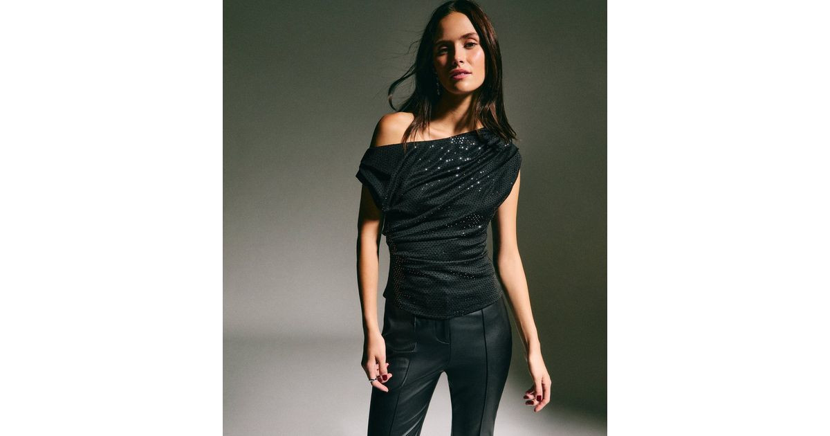Black Jersey Sequin Draped Off-Shoulder Top | New Look | New Look (UK)
