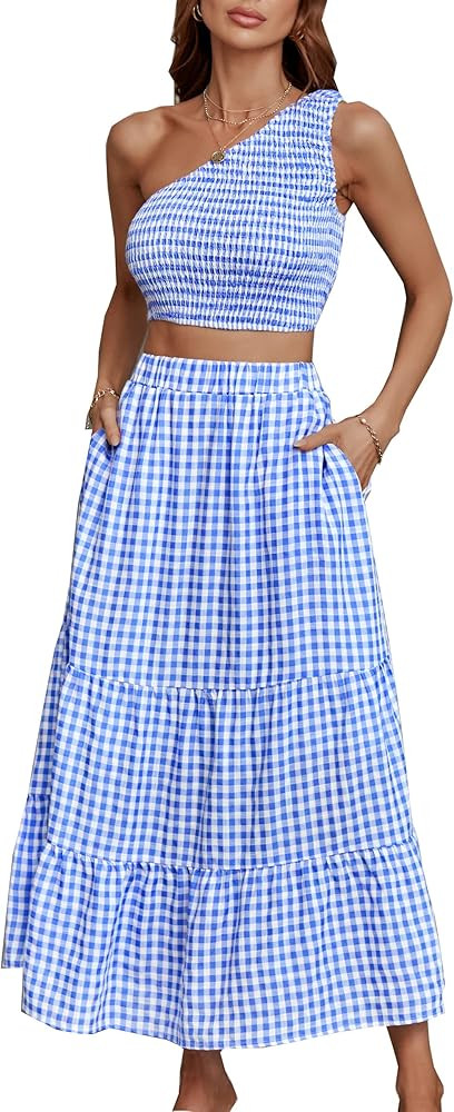 AOVDE Women's Two Piece Outfits Summer Dresses Boho One Shoulder Tube Tops Elastic Waist A Line M... | Amazon (US)