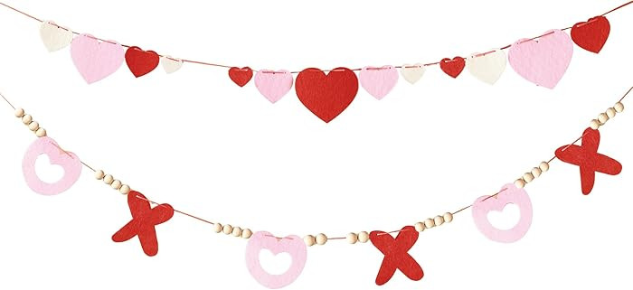 Valentine’s Day Felt Garland with Wooden Beads, Pre-Strung Heart & XO Banner, Handmade Valentin... | Amazon (US)