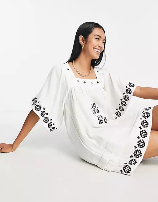 Topshop embroidered mini smock dress in mono | ASOS (Global)