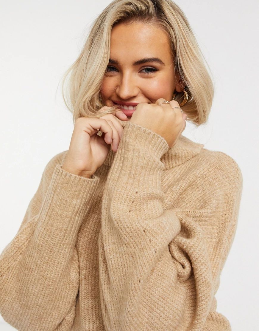 New Look slouchy roll neck sweater in camel-Beige | ASOS (Global)
