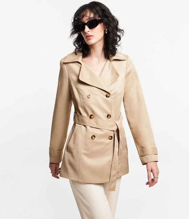Casaco Trench Coat Alfaiatado com Detalhes Acetinados Bege | Renner (BR)
