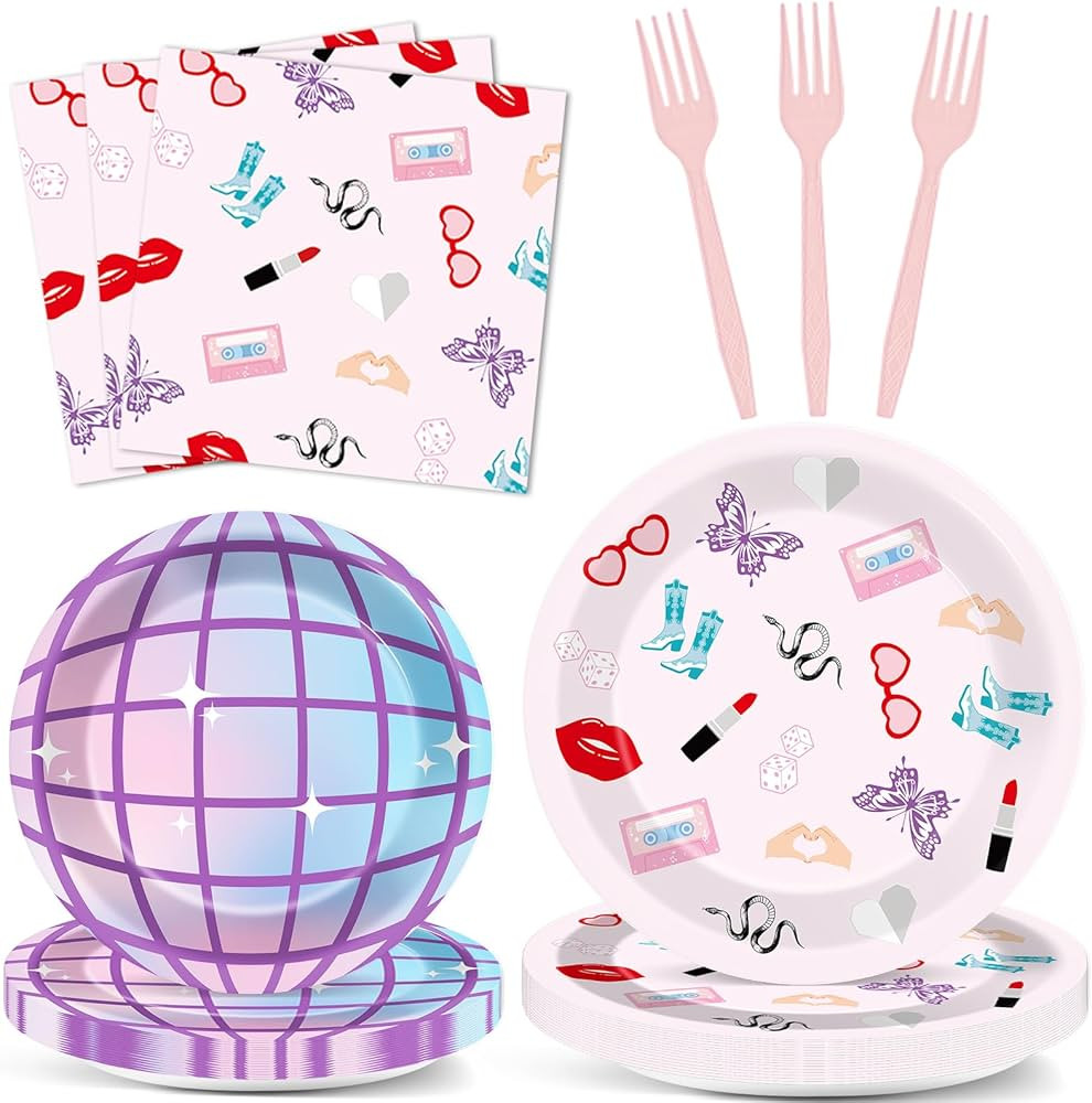 96Pcs Era's Birthday Party Plates and Napkin Women Music Birthday Party Supplies Iridescent Disco... | Amazon (US)
