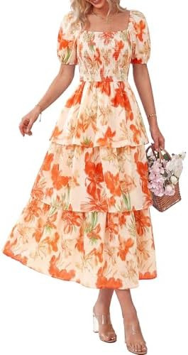 BTFBM Womens Floral Smocked Summer Maxi Dresses | Square Neck Puff Short Sleeve Ruffle Tiered, 20... | Amazon (US)