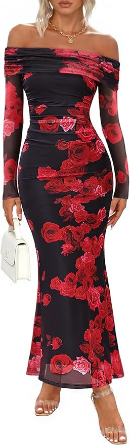 MEROKEETY Women's Fall Off Shoulder Floral Maxi Dresses Formal Long Sleeve Bodycon Cocktail Weddi... | Amazon (US)