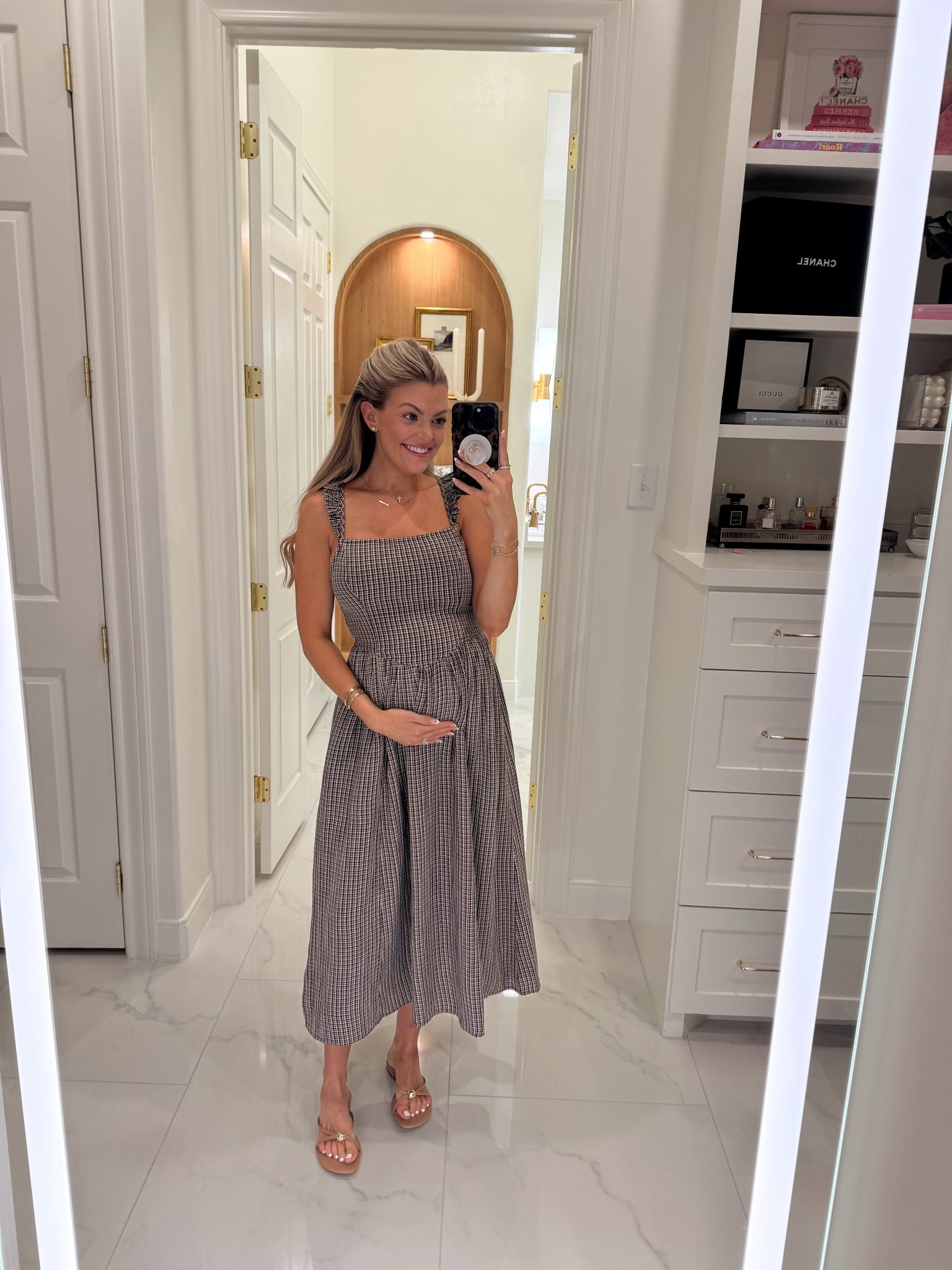 time to style fall transitional 🤎 this midi dress is perfect (especially pregnant) when it’s still warm out, but you’re wanting more fall vibes. it’s currently 30% off & fully in stock 👏🏻 (wearing size small) 

electric picks code: JESS20

on sale, pregnant, third trimester, bump friendly, aerie, fall outfit inspo, fall bump inspo, summer sandals 

#LTKBump #LTKFindsUnder50 #LTKSaleAlert