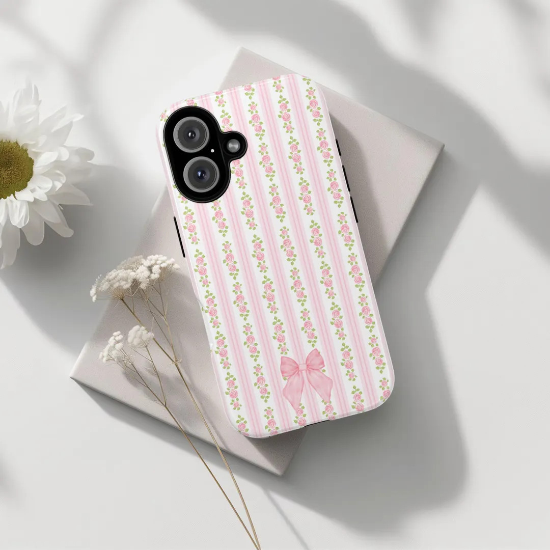 Loveshackfancy Inspired Phone Case, Pink Rose Striped Phone Case Cottagecore Bow iPhone Case, Rom... | Etsy (US)