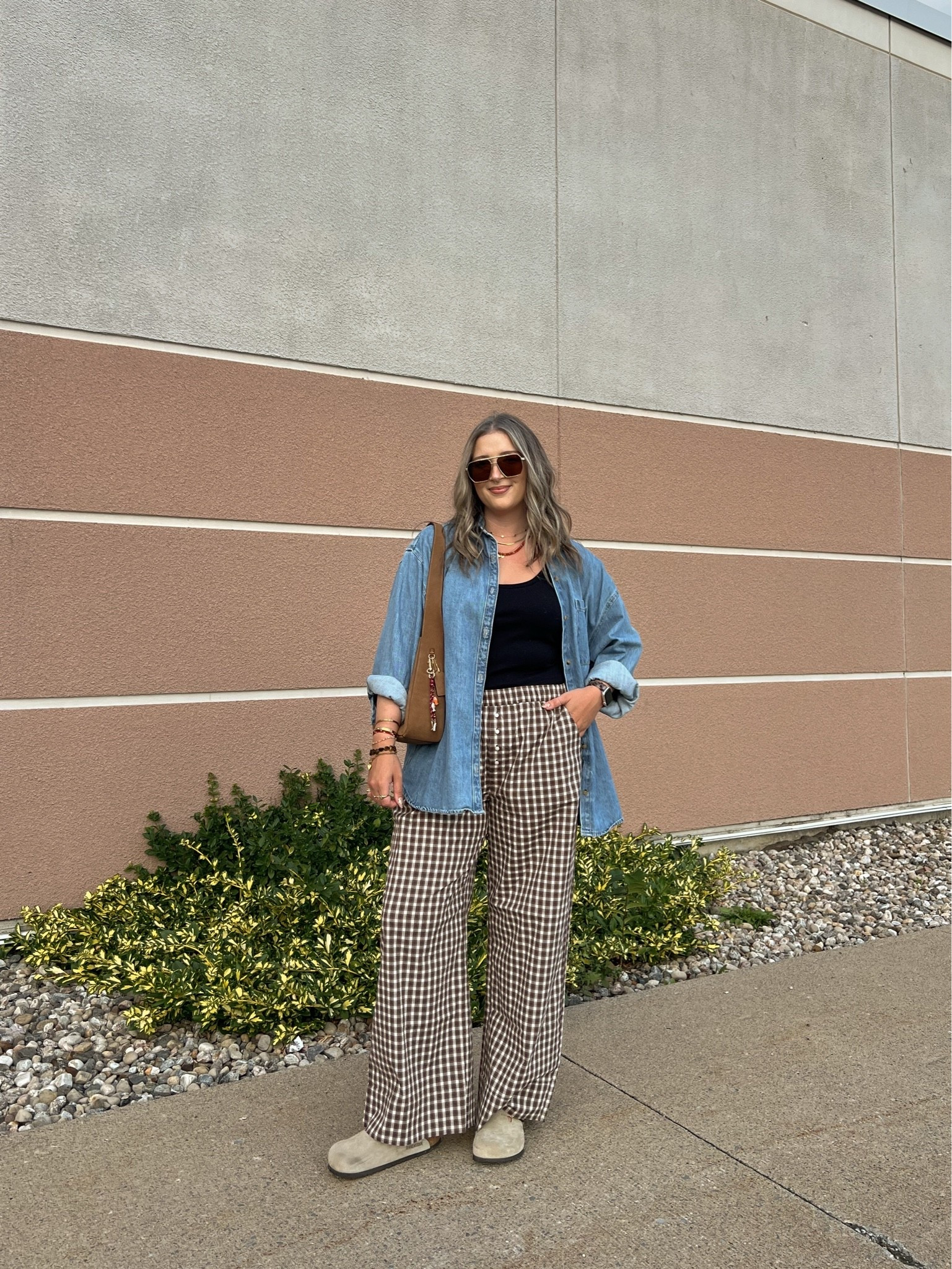 Early fall ootd! Plaid pants are so comfy & lightweight, wearing M. Wearing L in the basic black tank, should have done M. Also wearing L in the denim shirt - one of my most worn closet staples! Canadian Old Navy links are under “similar products”. I’m a 9.5-10 shoe and wear a 40 in the Birkenstock clogs

#LTKfall #LTKmidsize #LTKstyletip