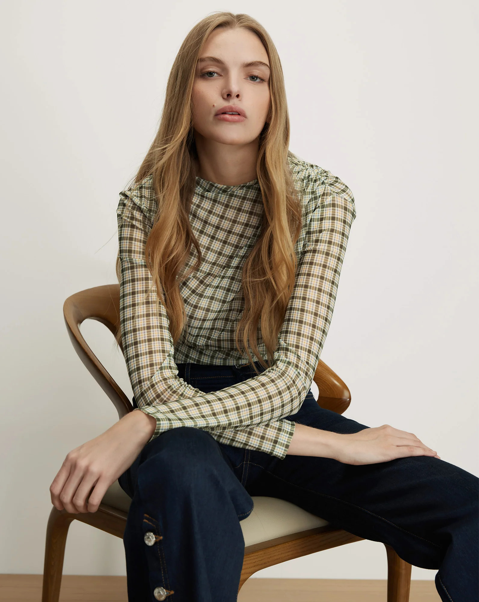 Nuvina Plaid Long-Sleeve Top in Loden Multi | Veronica Beard | Veronica Beard