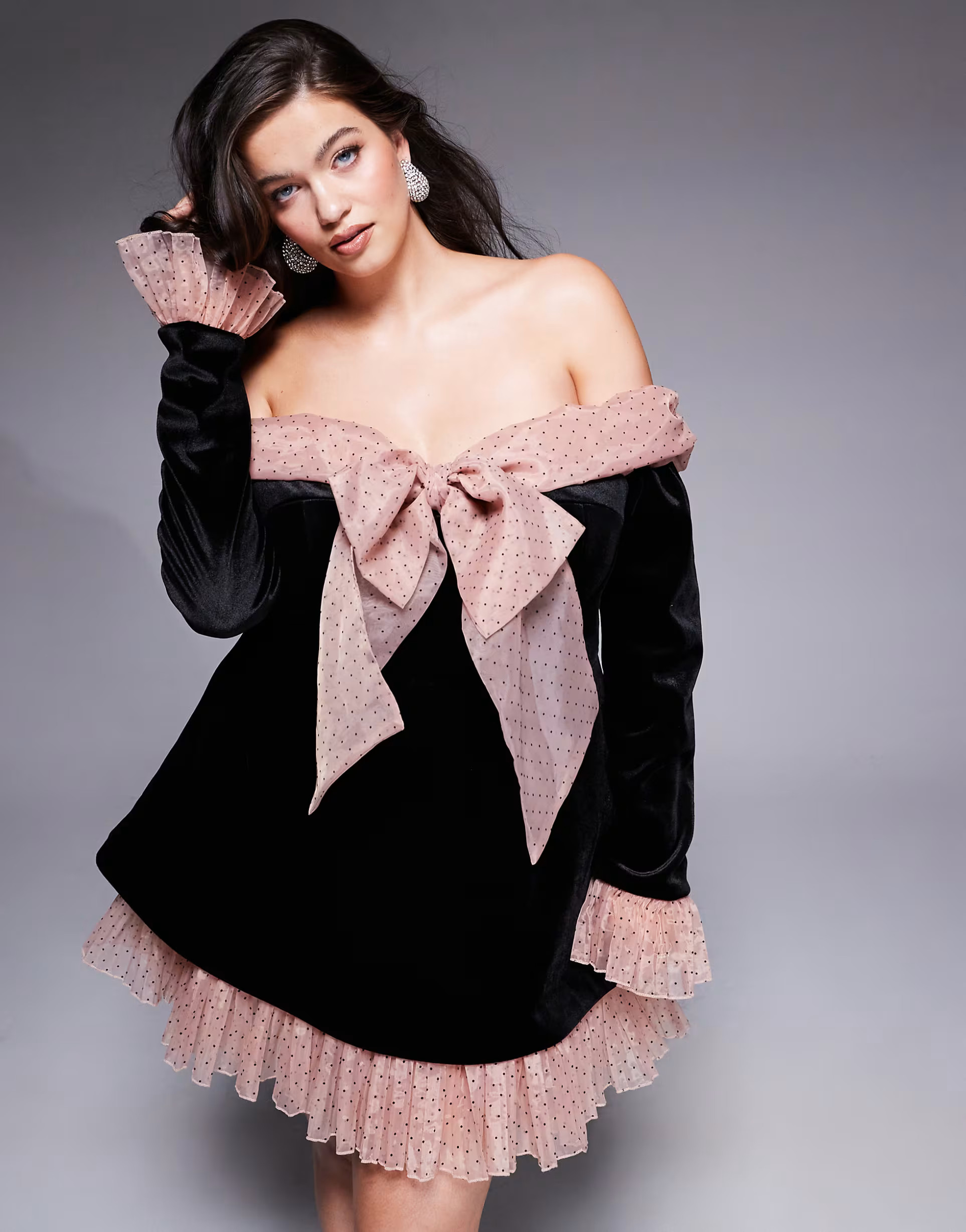 ASOS LUXE Curve velvet bardot mini dress with pleated textured organza in black | ASOS (Global)