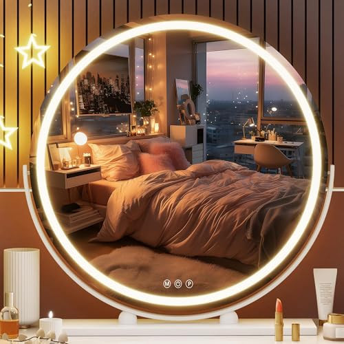 Hasipu Vanity Mirror with Lights, 23.6" LED Makeup Mirror, Lighted Makeup Mirror with Lights, Smart Touch Control 3 Colors Dimmable Round Mirror 360°Rotation White | Amazon (US)