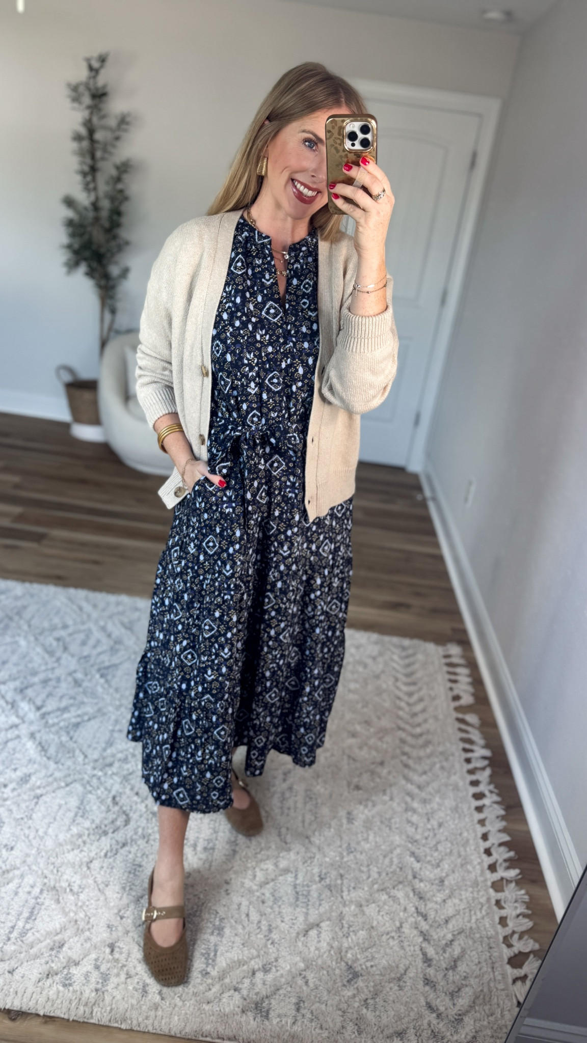 Daily try on, Walmart outfit, Walmart fashion, Walmart try on, scenario, midi dress, tan cardigan